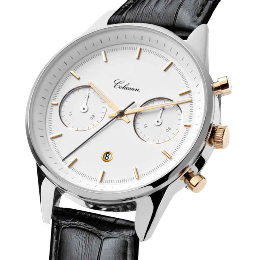 COLUMN Chronograph Stainless Steel Gold Black Leather Engravable Watch