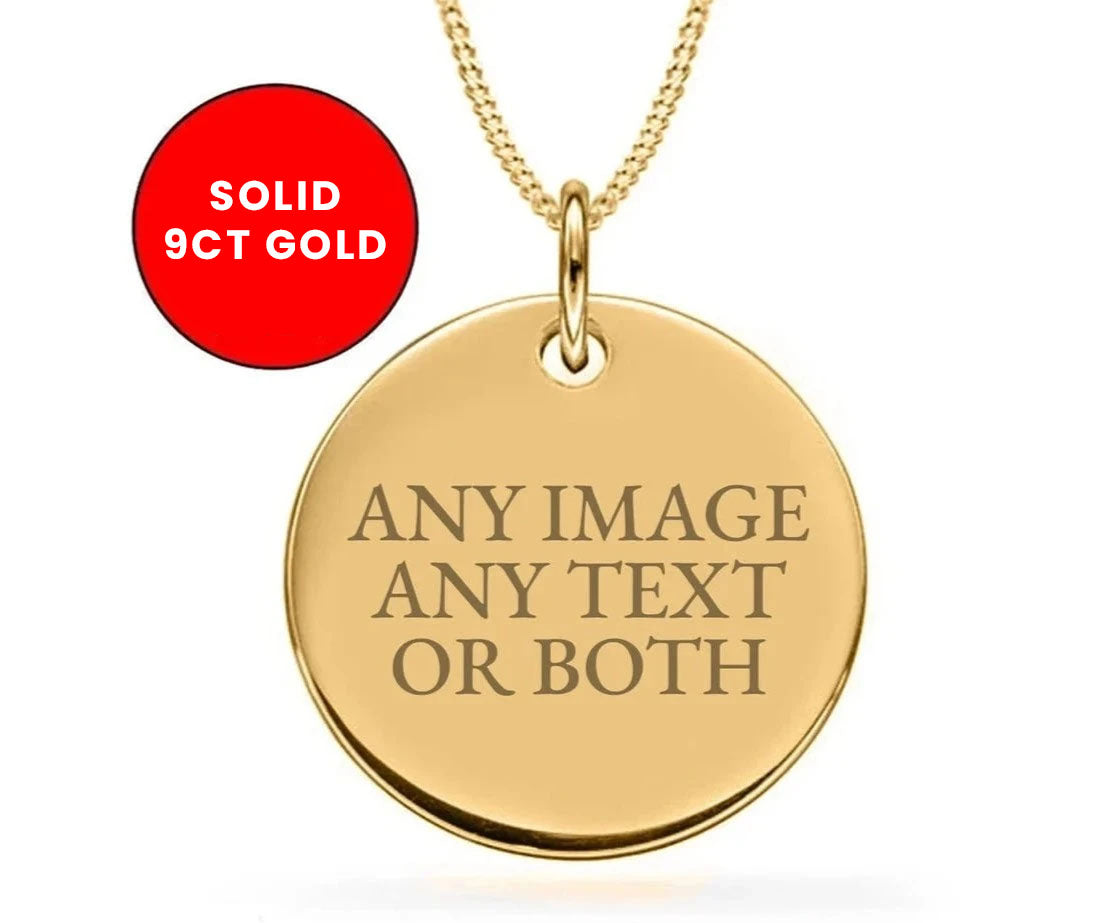 Personalised 9ct Solid Gold 20mm Engraved Disc Pendant 22" Gold Necklace