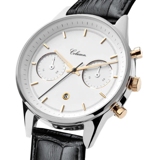 COLUMN Chronograph Stainless Steel Gold Black Leather Engravable Watch
