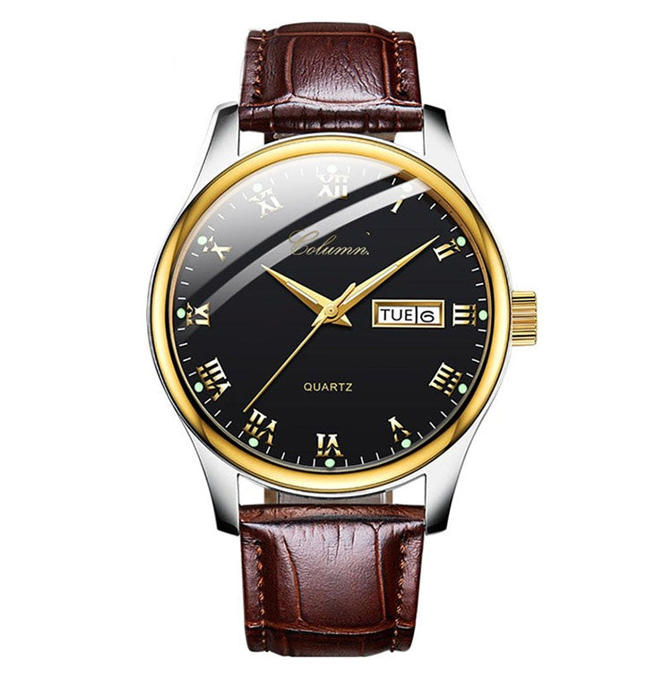 COLUMN Detective Gold and Brown Quartz Watch Leather Strap